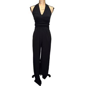 Boston Proper Halter V-Neck Jumpsuit Solid Black Chic‎ Straight Leg Size 0